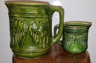 Mccoy Green Pitchers With Treeline Large And Small 1920s