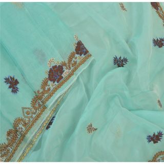 Sanskriti Vintage Dupatta Long Stole Organza Sea Green Hand Embroidered Scarves