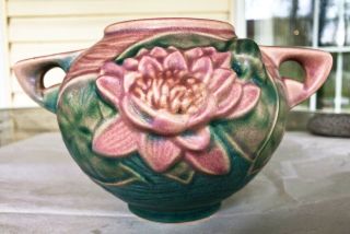 Vintage Roseville Usa Water Lily Two - Handle Vase - Model 437 - 4
