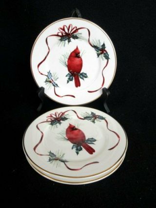 Lenox Winter Greetings 4 Dessert/accent Plates Red Ribbons Birds Holly Gold Trim