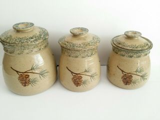 Northwoods Pinecone Pottery Rustic Woodsy Set Of 3 Cannisters Hand Crafted