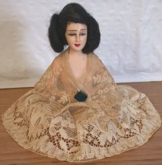 Antique Chalkware Boudoir Pin Cushion Half Doll W Mohair Wig