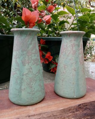 Vintage Brush Pottery Matte Green Vellum Arts & Crafts Bud Vases Exc
