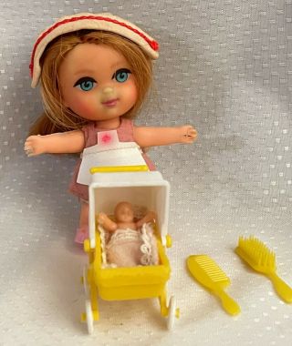 Vintage 1966 Mattel Liddle Kiddle Florence Niddle Doll Set 3507 Stroller Baby