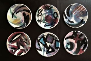 Mark Horiuchi Signed Art Studio Handmade Painted Ceramic Set 6 Appetizer Plates