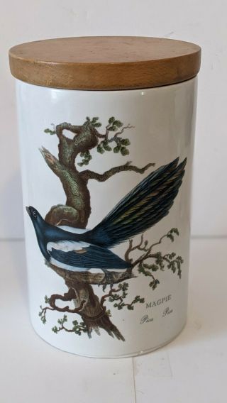 Vintage Portmeirion Birds Of Britain 8” Storage Canister Wood Lid Magpie Bird