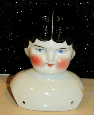Antique Porcelain/china German Doll Head Marked 6 Black Hair Lovely