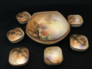 Vintage Noritake Hand Painted 3 Footed Nut Bowl/set W/ 6 Individual Nut Cups
