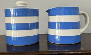 Vintage Blue/white Cornishware T.  G.  Green England Creamer Pitcher Sugar W/ Lid