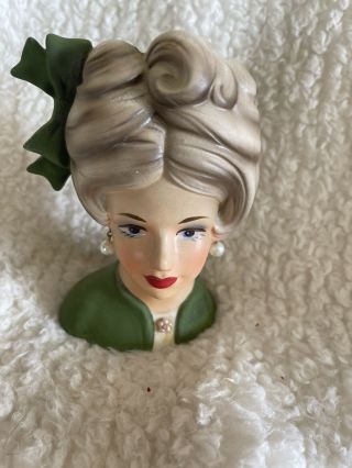 Vintage Lady Head Vase E3287 Green Dress 5 3/4”