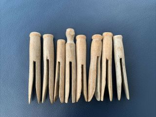 8 Antique / Vintage Large Wooden Clothes Pins Pegs Round Dolly Nicely Patinated