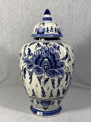 Vintage Large Delft Blue Ginger Jar Hand Painted In Holland 13” Tall
