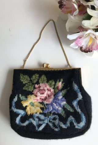 Vintage 1930s Tapestry Purse Handbag Pink Roses Blue Bow Big Diamanté Clasp