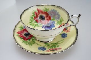 Vintage Paragon Light Yellow Tea Cup & Saucer W/ Poppies Anemone Flowers
