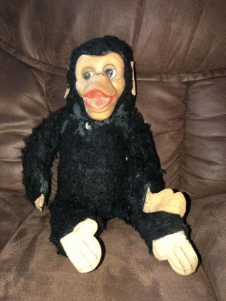 Vintage 1960’s Gund Rubber Face Monkey 12” Sitting Black Felt Hands Estate
