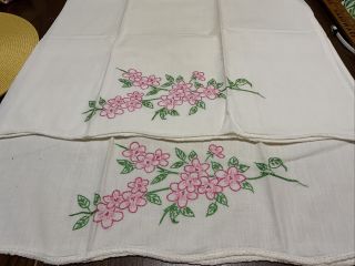 Pair Vintage Embroidered Pillow Cases Pink Flowers