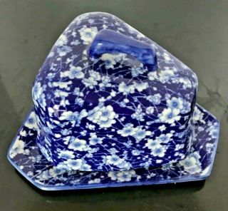 Covered Cheese Dish / Keeper - Vintage - Calico Blue & White With Flower Design