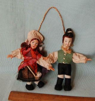 Antique Vintage Miniature Boy & Girl Felt Figures National Dress 4 " High 1940 - 50s