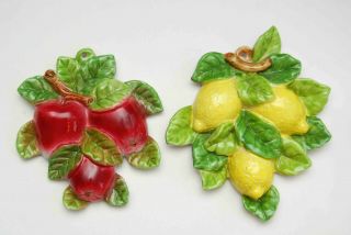 2 Vintage Majolica Clay Art Pottery Wall Hanging Fruit Apples Lemons Italy Mcm