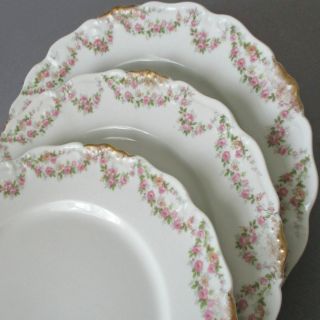 8 Antique Limoges Porcelain 10 " Plates Swags Pink Roses All Around Gilt Accents