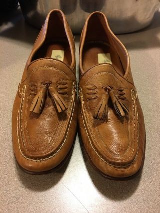 Vintage Mens Leather Caramel Tan Loafer Shoes Tassel Size 8.  5 Hand Sewn Brazil