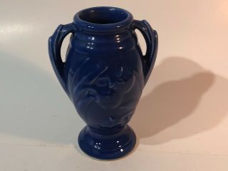 Vintage Usa Art Pottery 5.  5 " Blue Double Handled Vase