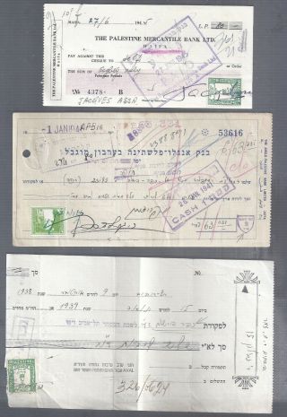 Israel Palestine Brit Mandate 3 Checks W Revenue Stamps Inc One Koffer Hayeshuv