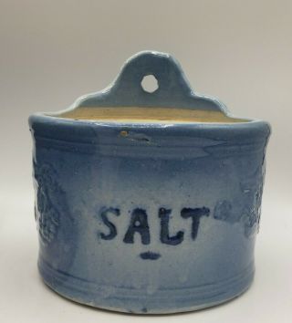 Antique Stoneware Salt Hanging Box Crock Blue & White Glaze 6 " Wide Berries