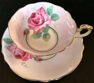Paragon Lilac Border Wide Tea Cup And Saucer Set With Large Pink Rose