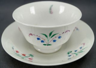 Hand Painted Blue & Pink Floral Soft Paste Tea Cup & Saucer Circa 1830 - 1840s