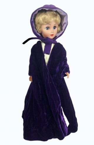 Vintage Blond Hard Plastic Doll Marked 14r Runaway Bride Purple Velvet Cloak 19”