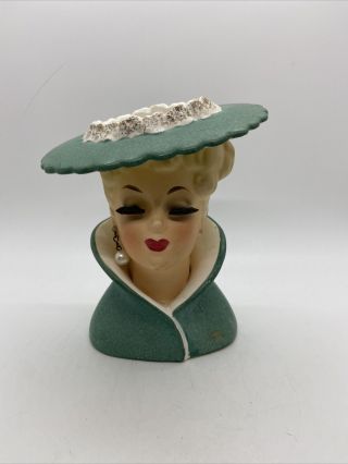 Vintage Head Vase - Napco C3815 - High Collar - Green - 5 3/4 " Repaired Eyelash