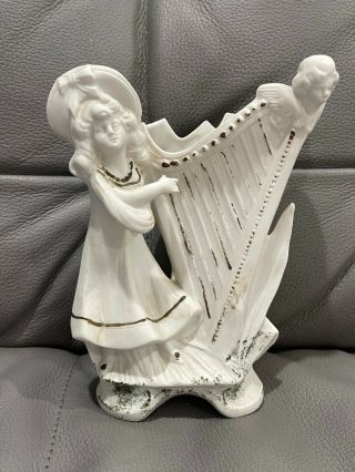 Vintage Antique Likely German Bisque Porcelain Figurine / Vase Girl W/ Harp