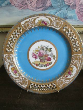 Antique French Porcelain Hand Painted Plate Flowers Gold Turquoise Blue