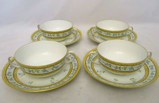Set 4 Raynaud Ceralene Limoges Morning Glory Spray Soup Bowl Cup W/ Saucer Plate