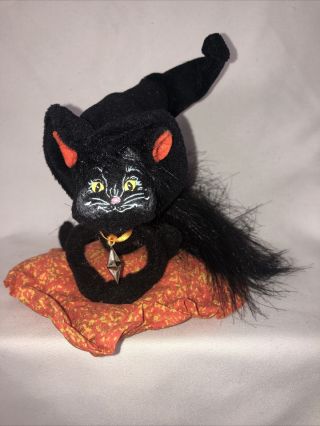 Annalee Halloween Black Cat On Pillow Moonlight Witch Cat W/ Hat 2009 Retired