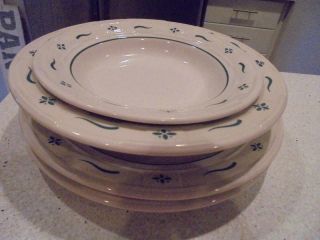 Longaberger Woven Traditions Heritage Green 2 Dinner Plates,  Soup,  Pasta Bowls