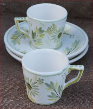 Hb Quimper Green White Pair Flowered Demi - Tasse Cup Saucers French Faience 1970