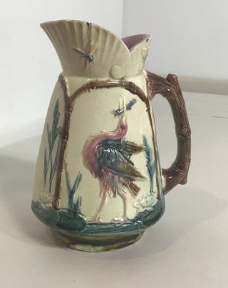 Vintage French Hand Painted Majolica Pottery Vase Pitcher Egret & Fish W/ Crack