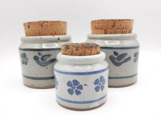 Set 3 Nicholas Mosse Pottery Stoneware Crocks Jar Ireland Blue Bird And Flowers