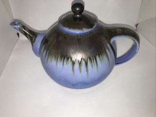Edgecomb Potters Maine Art Pottery Gunmetal Drip Over Blue Teapot 7” Tall