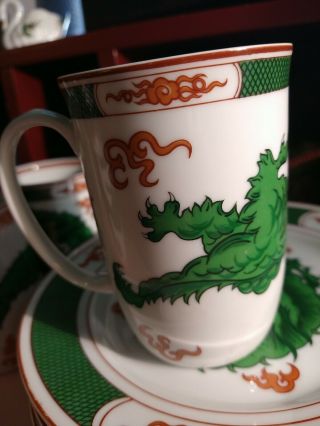 Vintage Fitz & Floyd Porcelain Green Dragon Crest 4 " H Mugs (6)