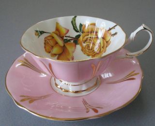 Vintage QUEEN ANNE English Bone China Footed Cup & Saucer Soft PINK Yellow ROSES 2