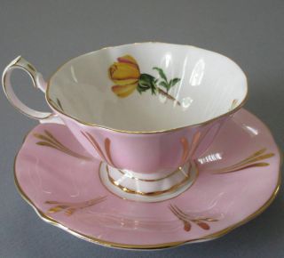 Vintage QUEEN ANNE English Bone China Footed Cup & Saucer Soft PINK Yellow ROSES 3