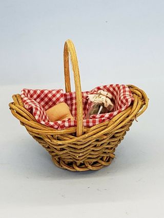 Vintage Miniature Doll Wicker Picnic Basket With Bread And Glass Jar Accessory