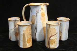 Vintage Ceramic Wishon Harrell Muncie In Large Studio Pottery Pitcher Cups Set