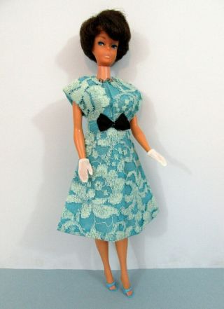 Vintage Barbie Doll Clothes - Handmade Party Dress W Black Bow - Turquoise Lace