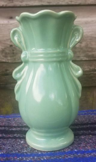 Vintage Brush Mccoy Light Green Blue Turquoise Pottery Vase 7.  25” H Bow Handle