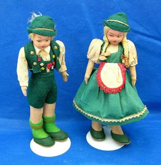 Old Pair Boy Girl Alpine Swiss Dolls 9 " Cloth Painted Face Details