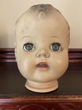 Vintage Creepy Hard Plastic Doll Head 5 1/2” Sleepy Eyes Curly Molded Hair